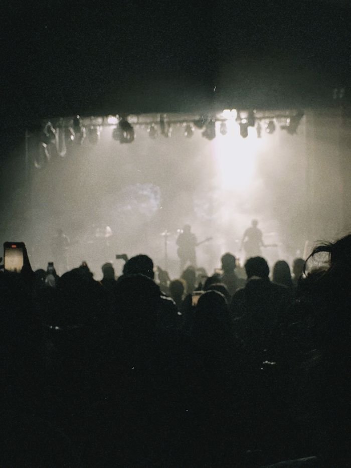 Vibrant live concert with band silhouettes and energetic crowd in black and white ambiance.